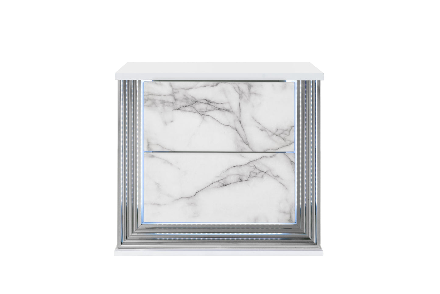 White marble bedside table with silver trim and LED lights