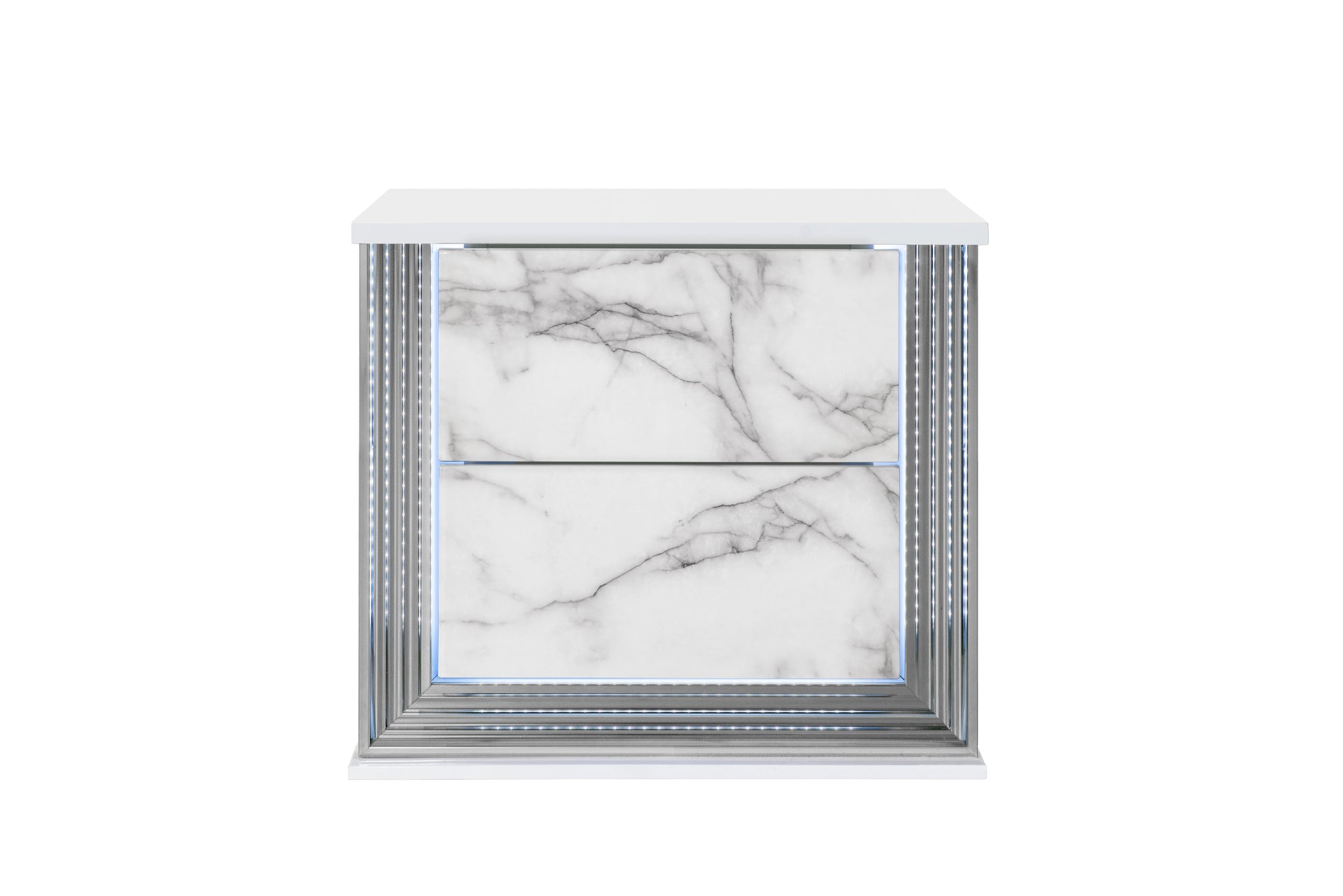White marble bedside table with silver trim and LED lights