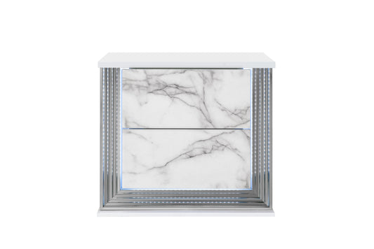 White marble bedside table with silver trim and LED lights