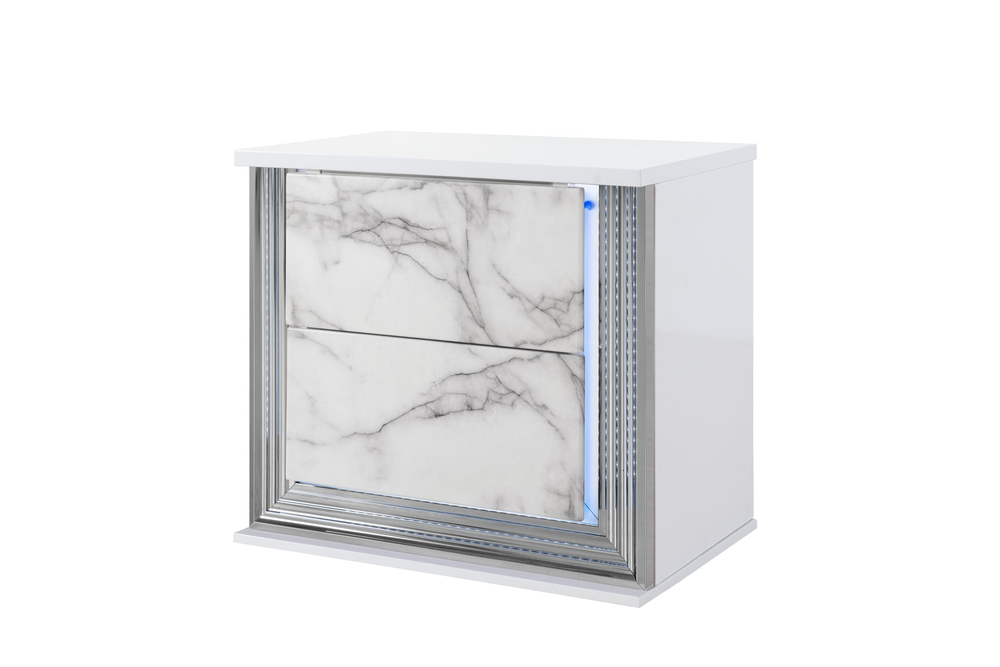 White gloss nightstand with marble drawer fronts and LED lighting