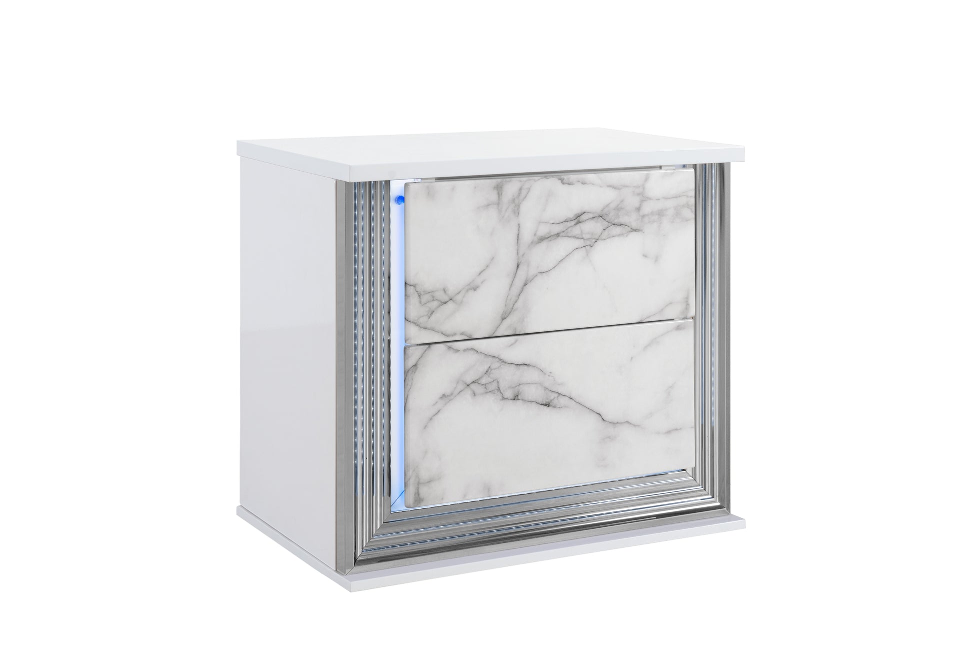 White bedside table with marble drawers and LED lighting