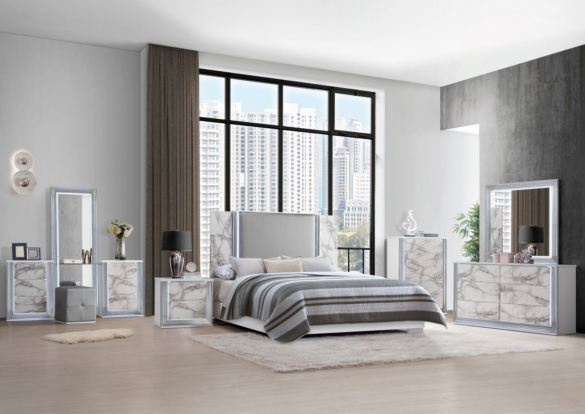 Modern marbleeffect bedroom set with upholstered headboard and silver trim