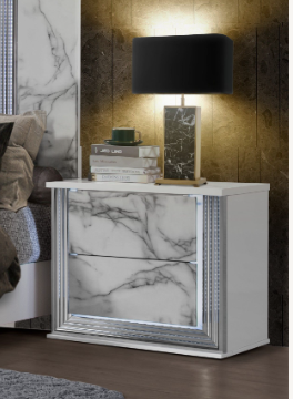 Modern white nightstand with marblelook drawers and silver trim