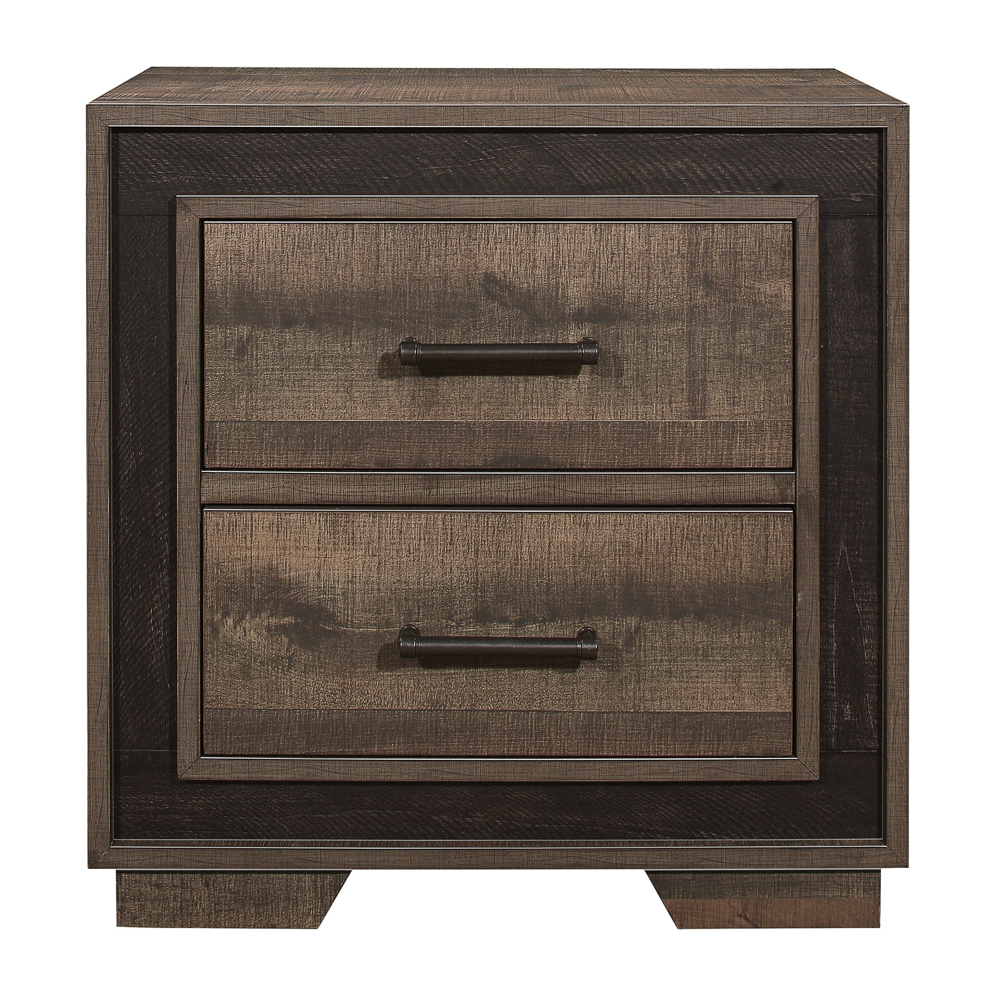 Rustic brown wood twodrawer nightstand with dark metal hardware