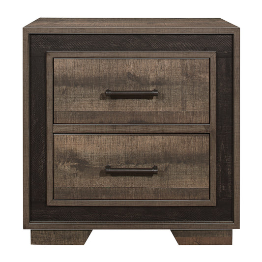 Rustic brown wood twodrawer nightstand with dark metal hardware