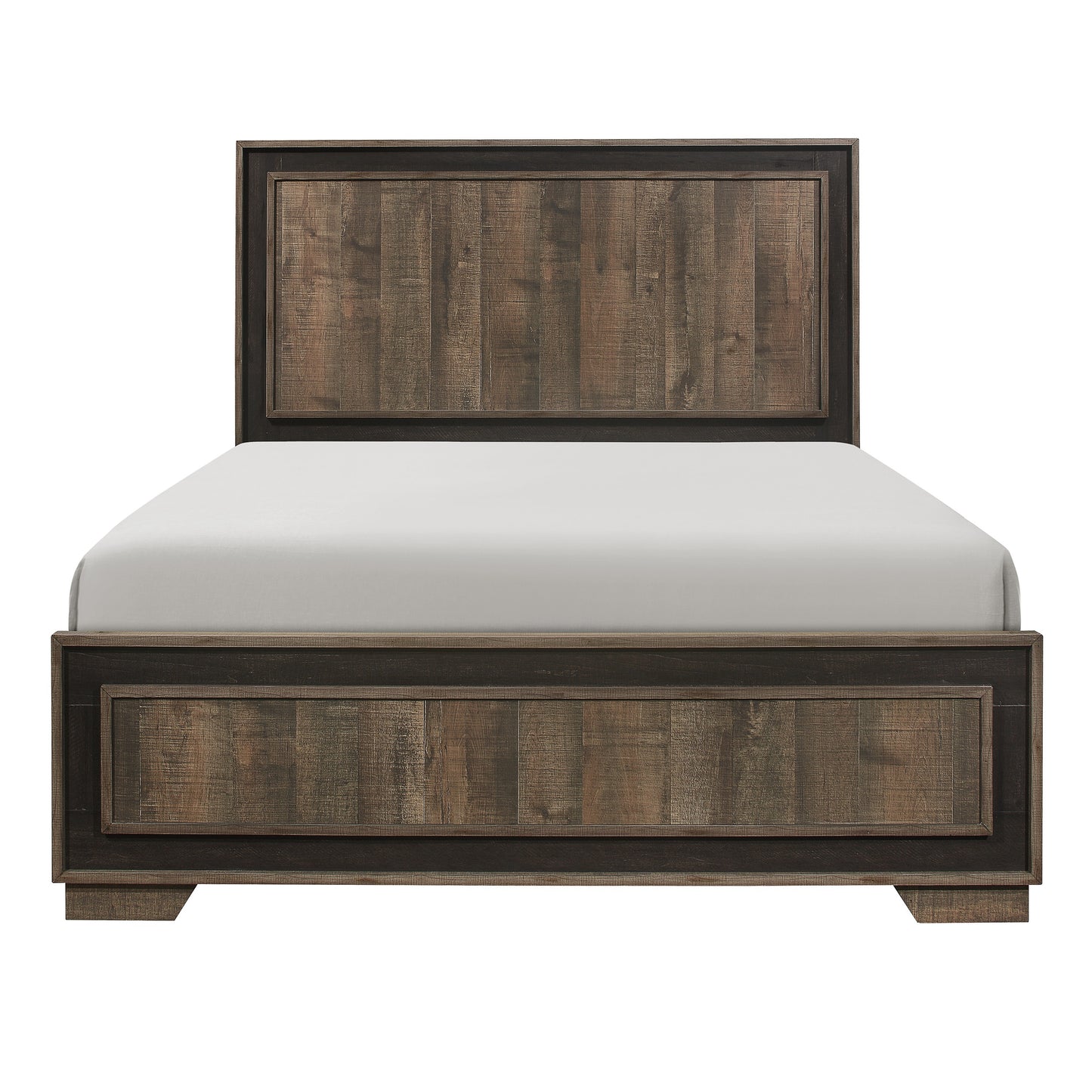 Rustic wood grain platform bed with dark frame