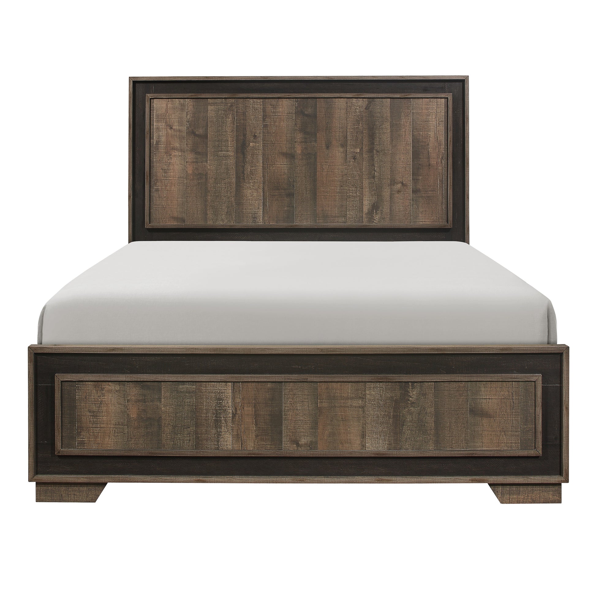 Rustic wood grain platform bed with dark frame
