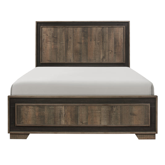 Rustic wood grain platform bed with dark frame