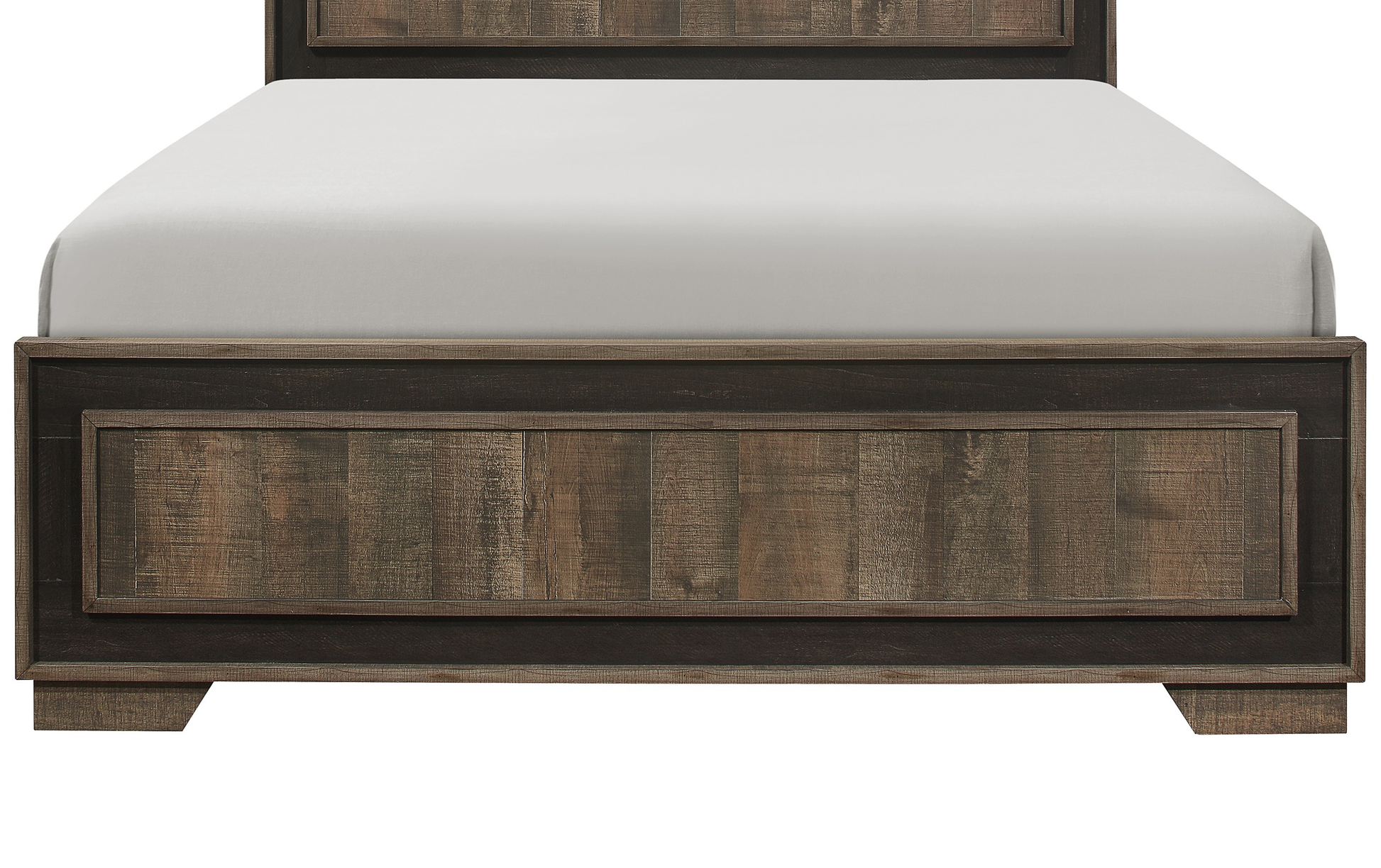 Rustic oak wood panel bed frame with a distressed finish