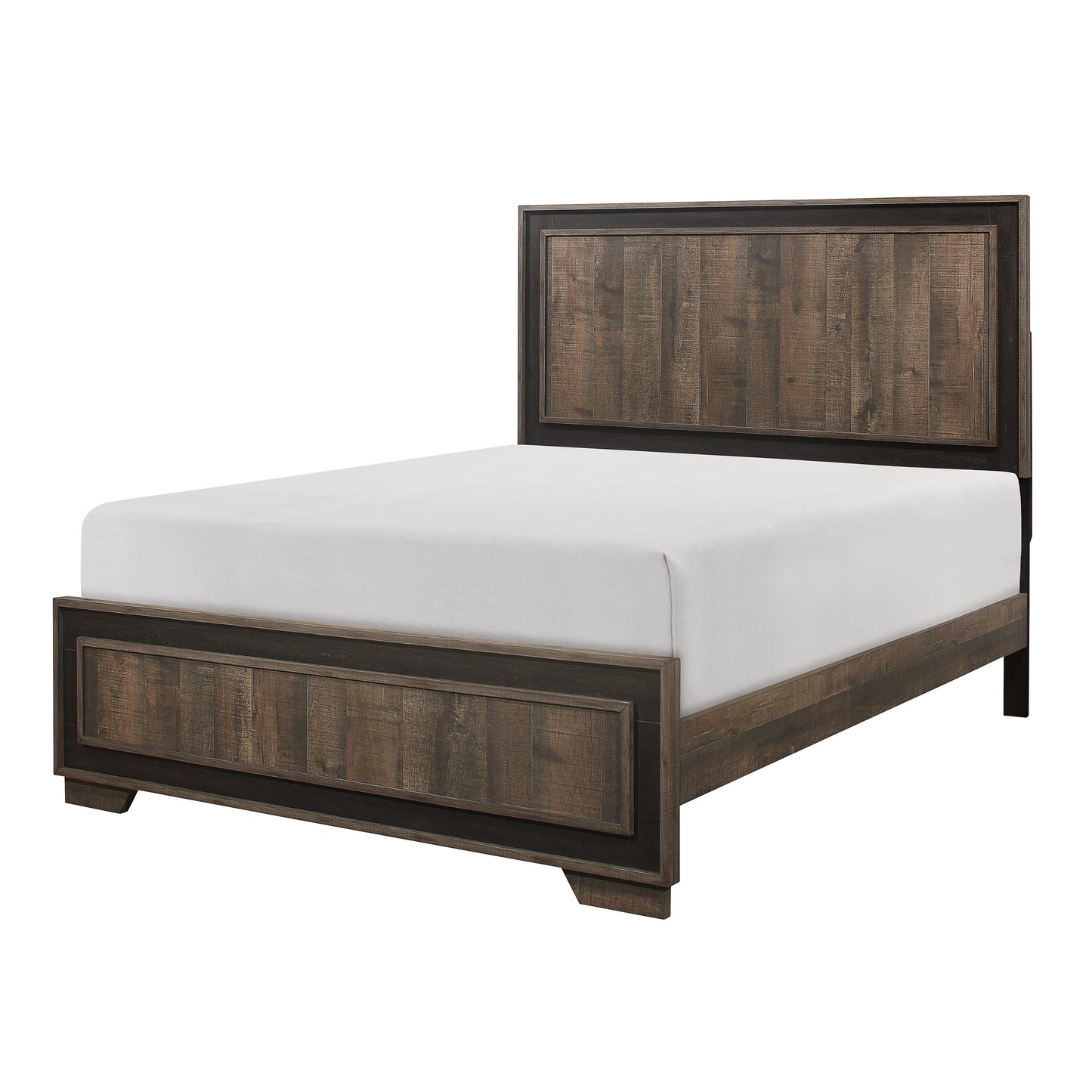 Rustic brown wood king bed frame with dark grey accents