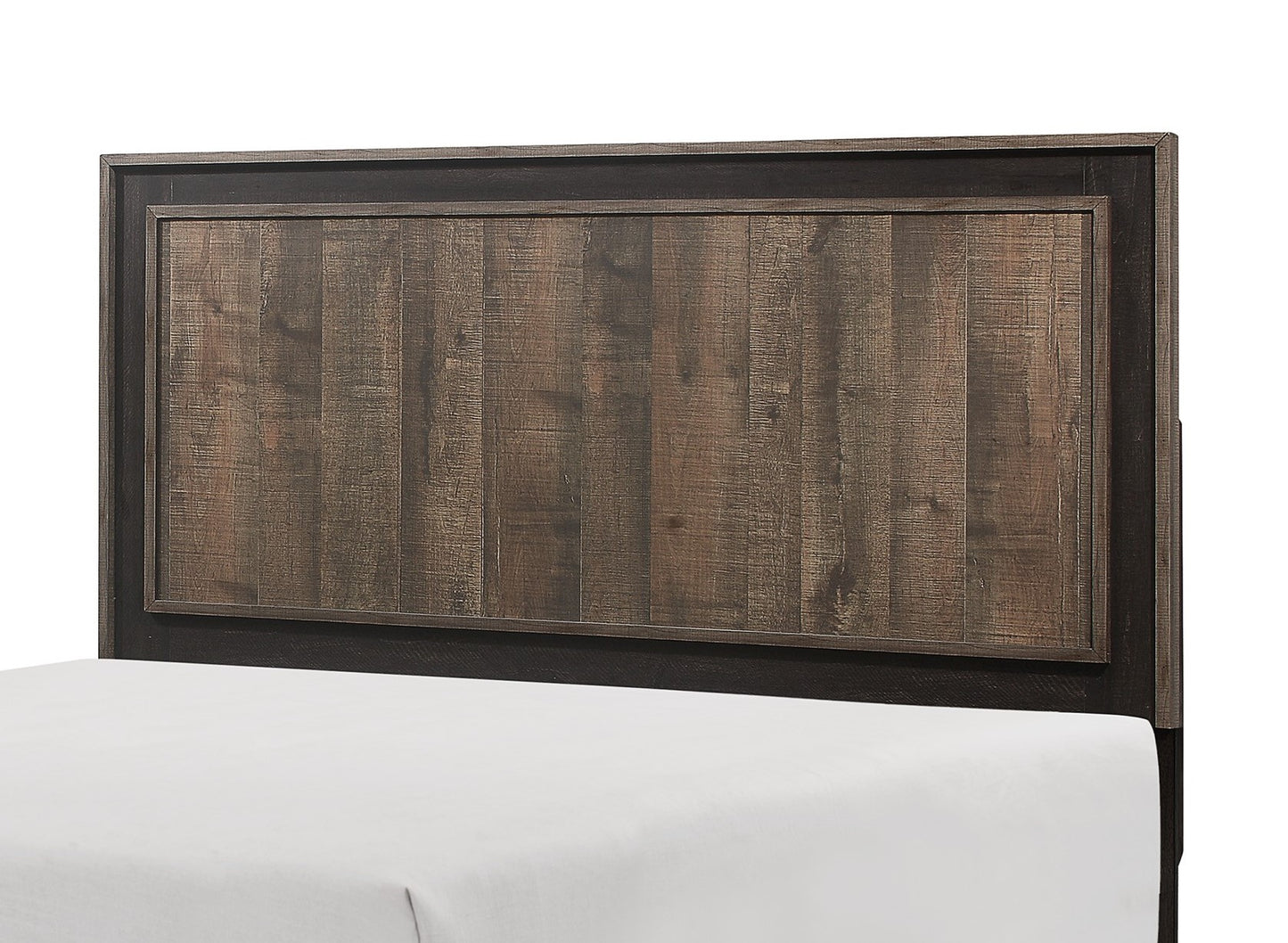 Rustic wood headboard with dark trim