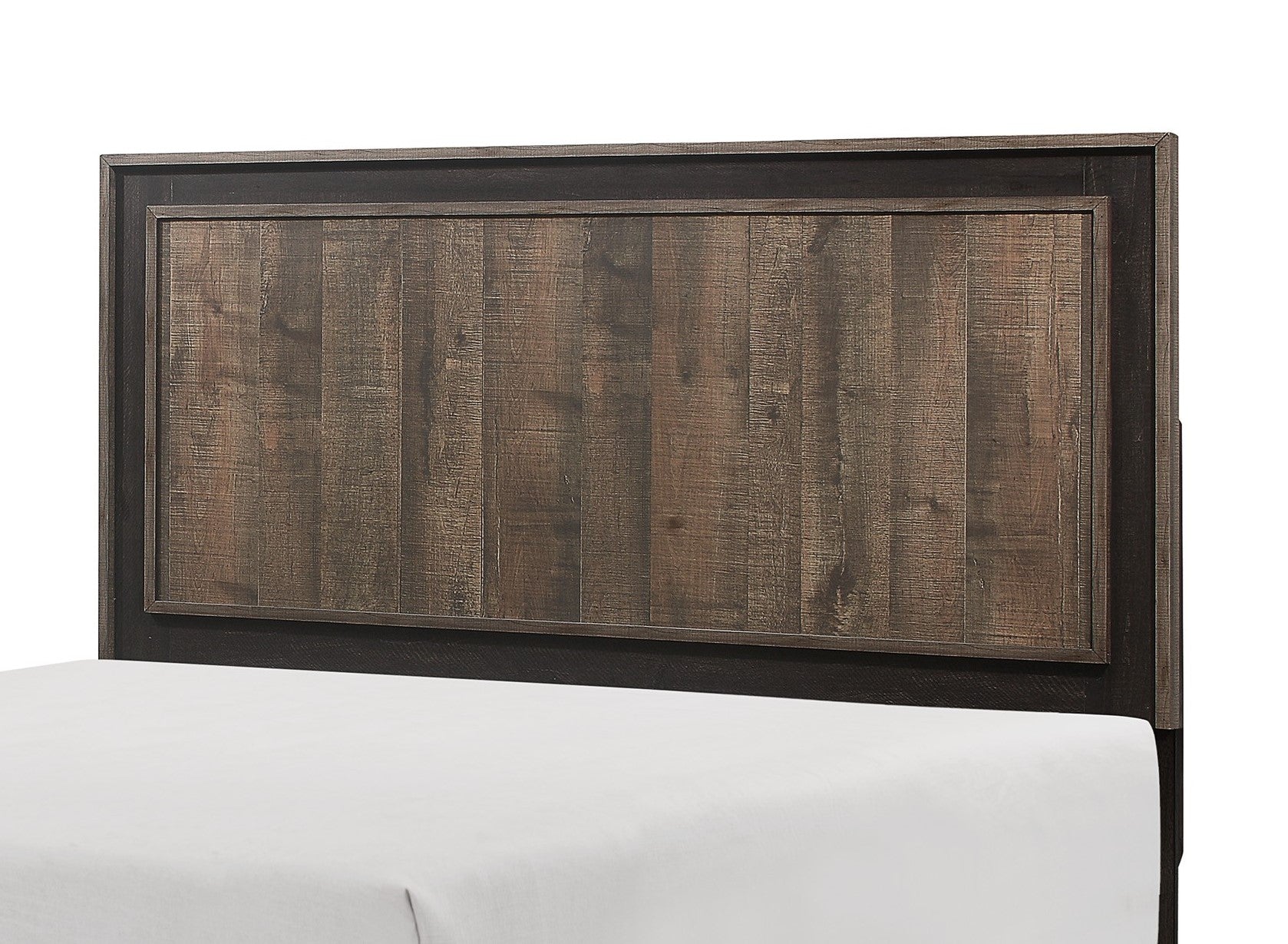 Rustic wood headboard with dark trim
