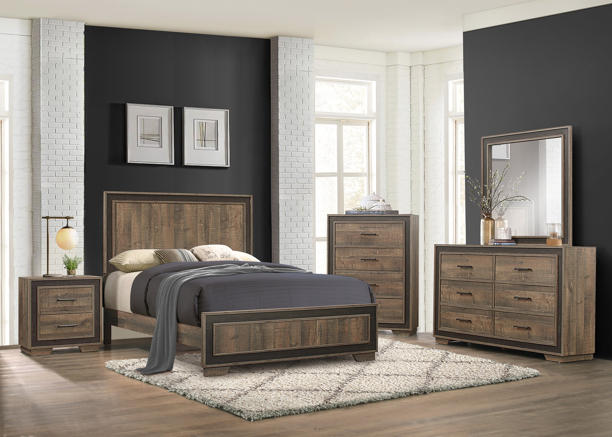 Rustic wood king bed frame with dark metal accents and coordinating nightstand