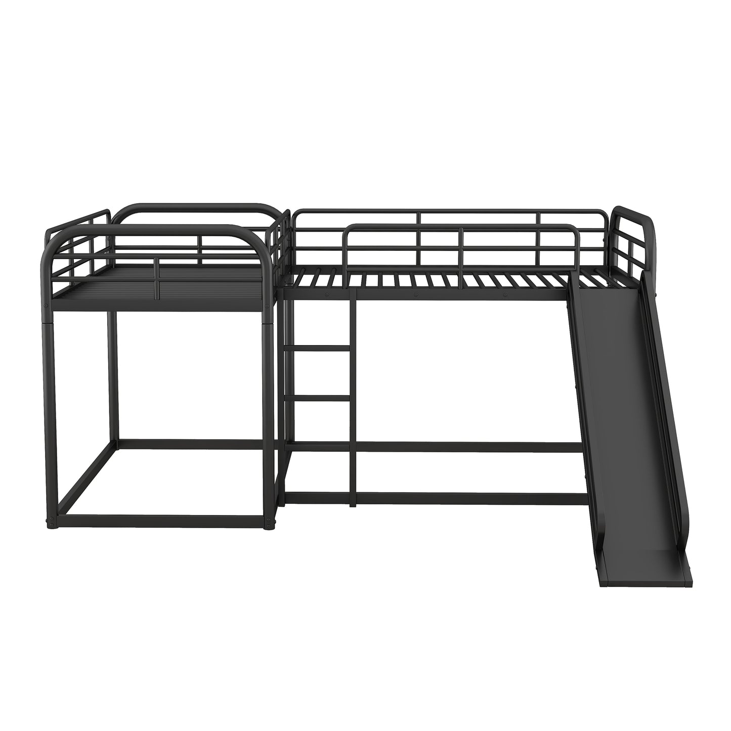 Black metal twin loft bed with slide and ladder