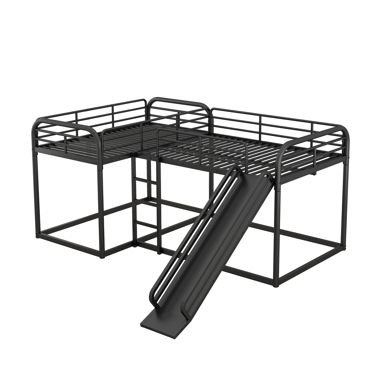 Black metal twin loft bed with slide and ladder for kids
