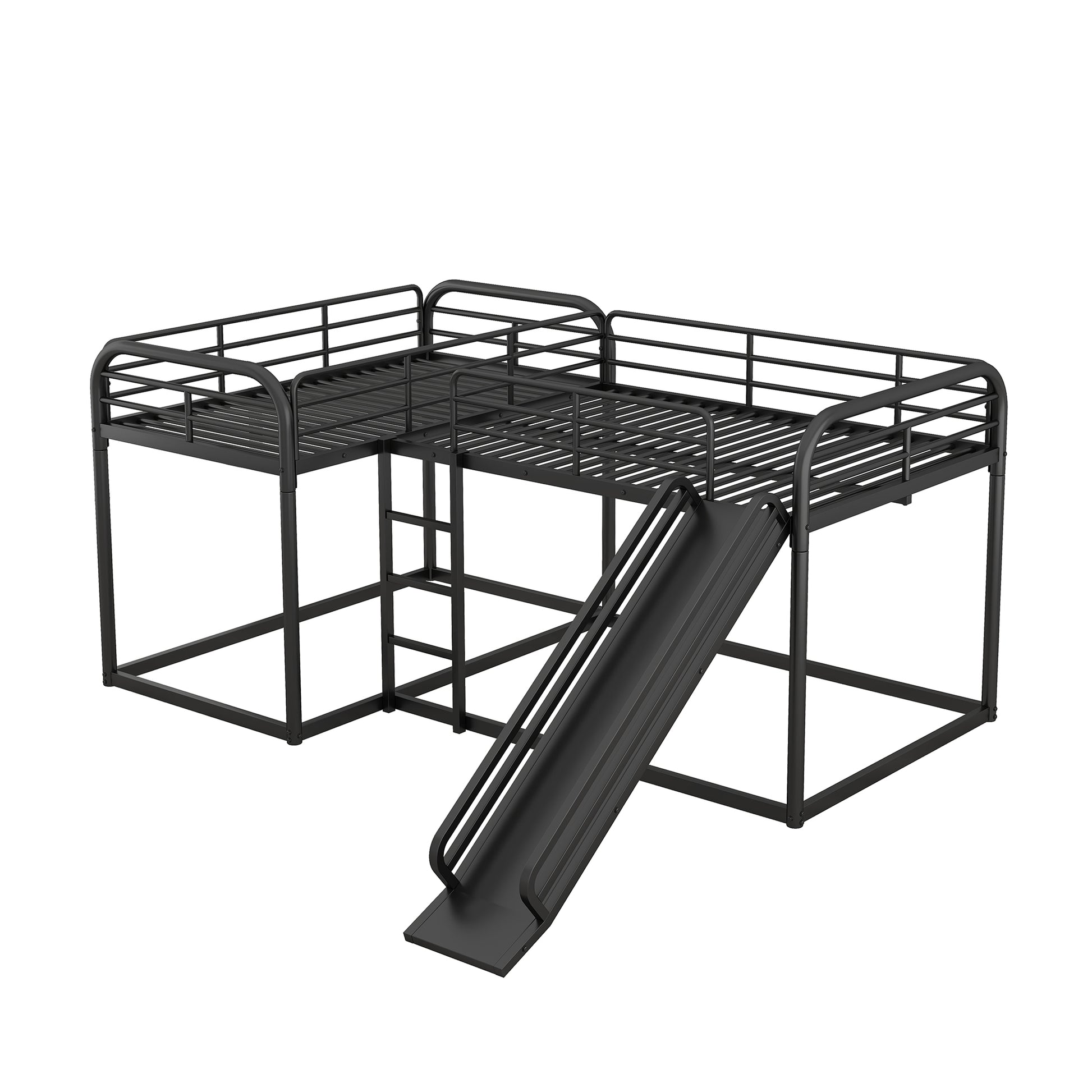 Black metal twin loft bed with slide and ladder for kids