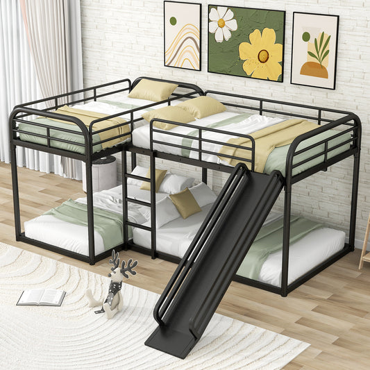Black metal Lshaped triple bunk bed with slide for kids room