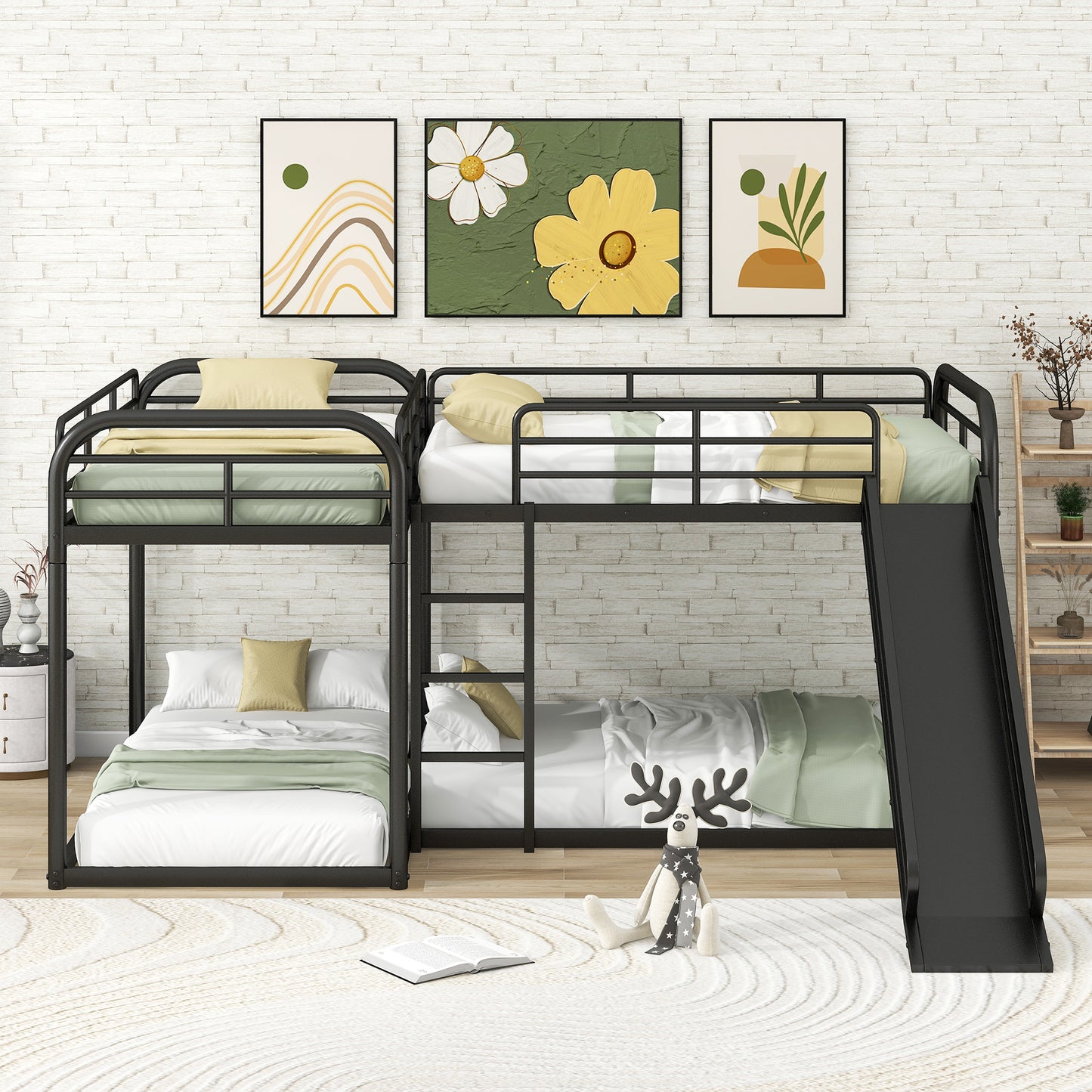 Black metal bunk bed with slide and Lshaped configuration