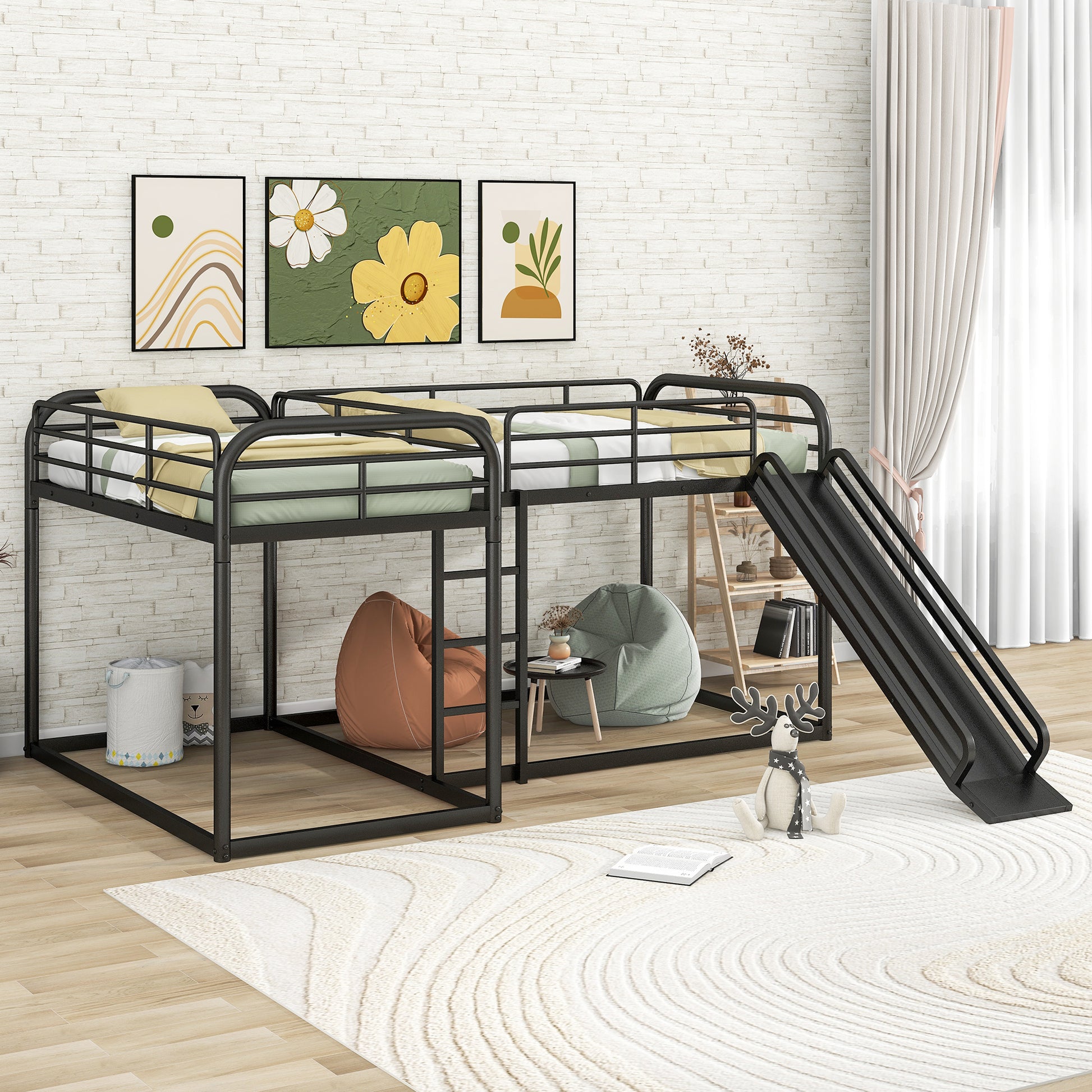 Black metal twin over twin bunk bed with slide