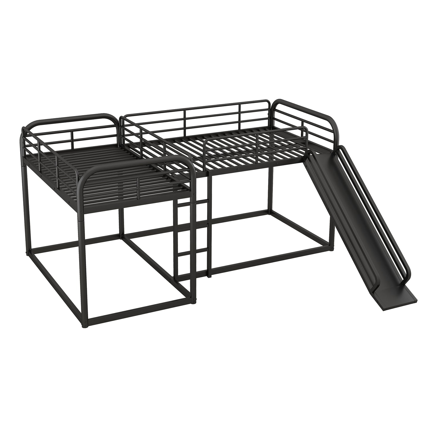 Black metal bunk bed with slide and ladder