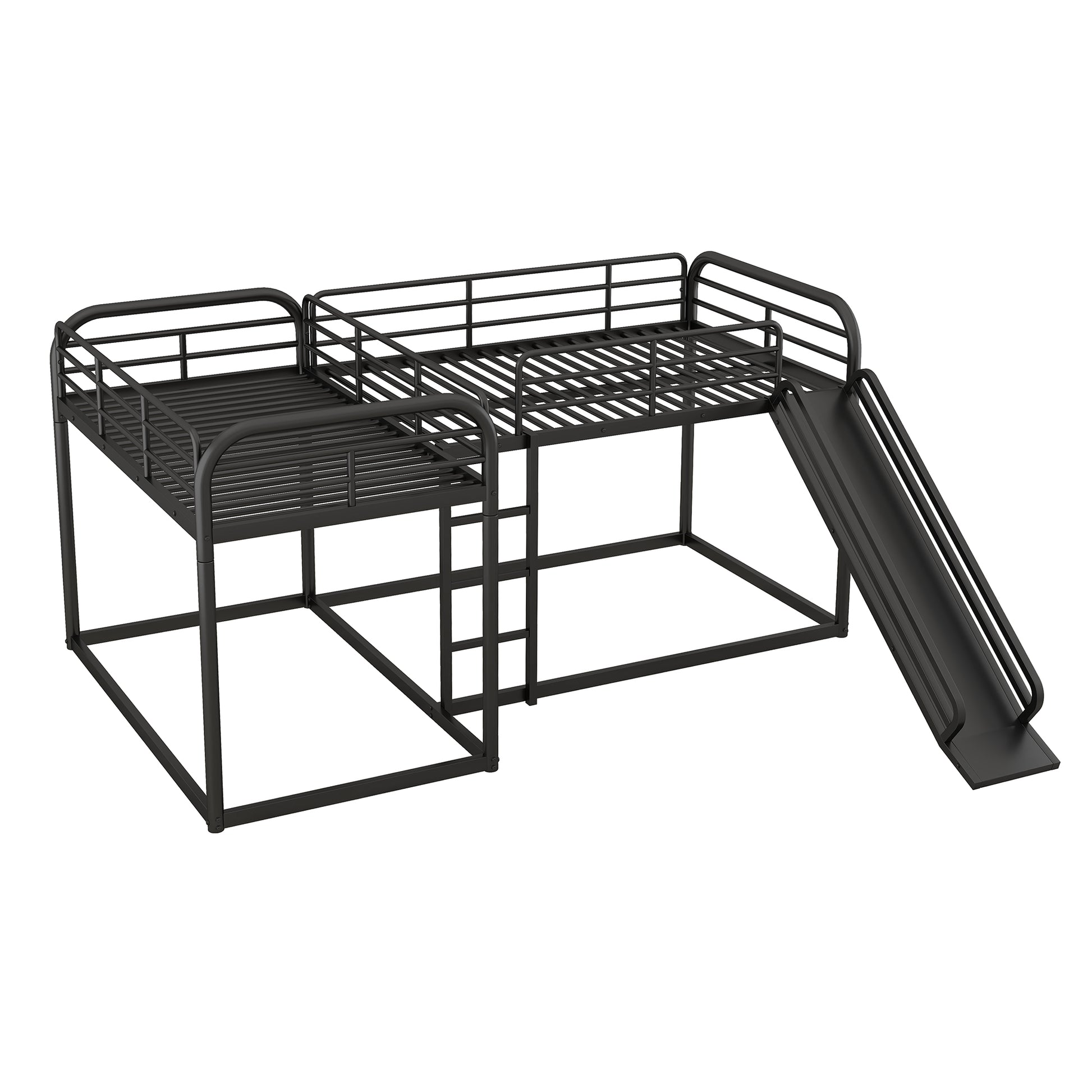 Black metal bunk bed with slide and ladder