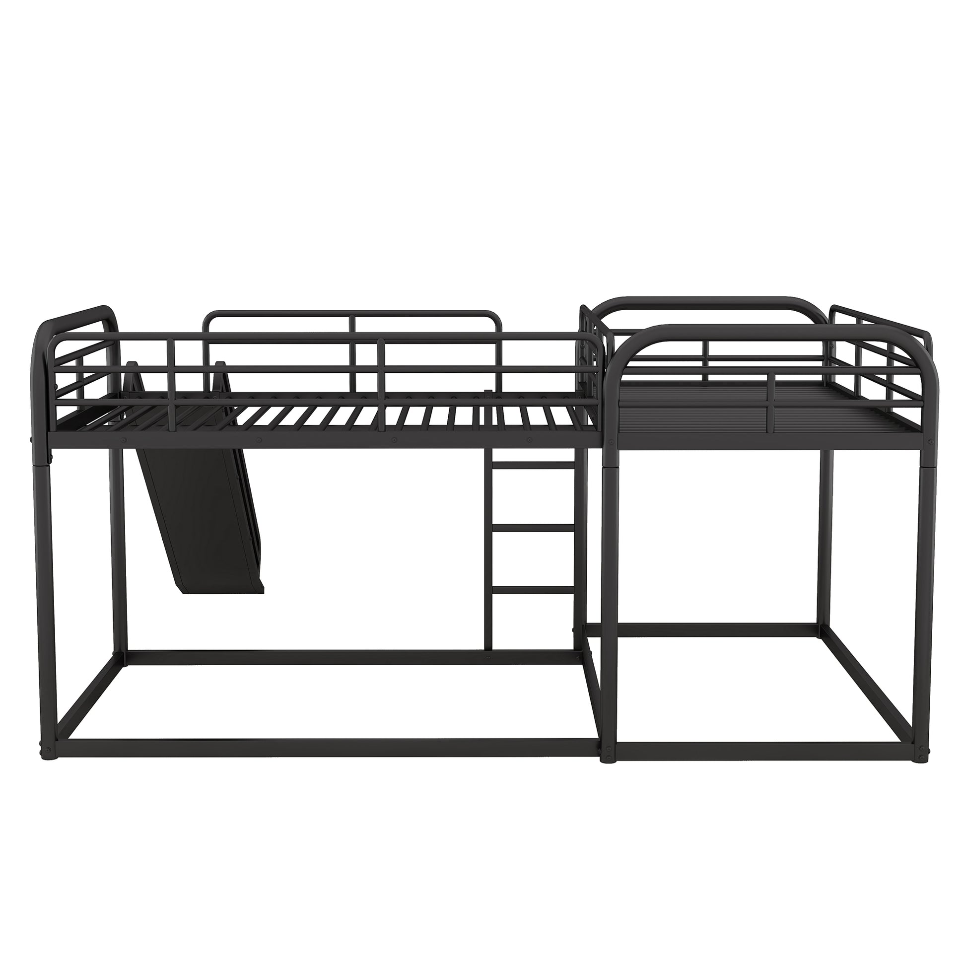 Black metal twin loft bed with attached slide and ladder