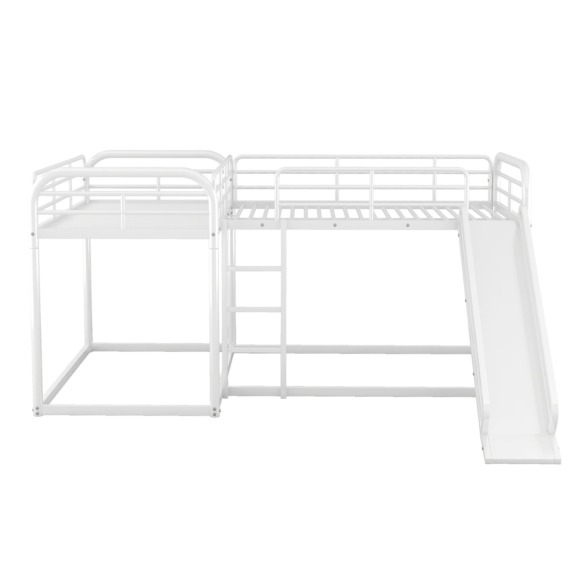 White metal twin over twin bunk bed with ladder and slide for kids
