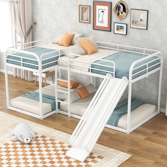 White metal triple bunk bed with slide for kids