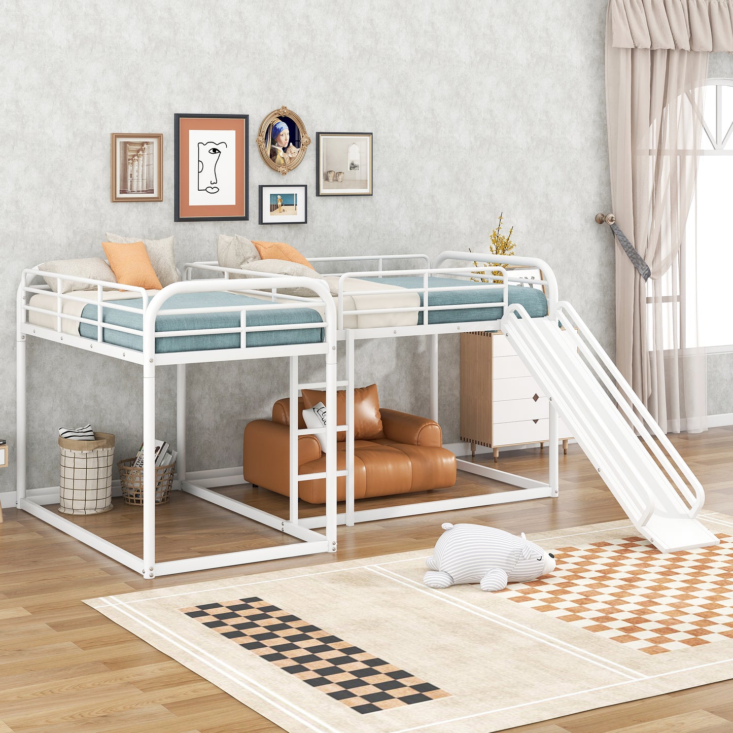 White metal bunk bed with slide