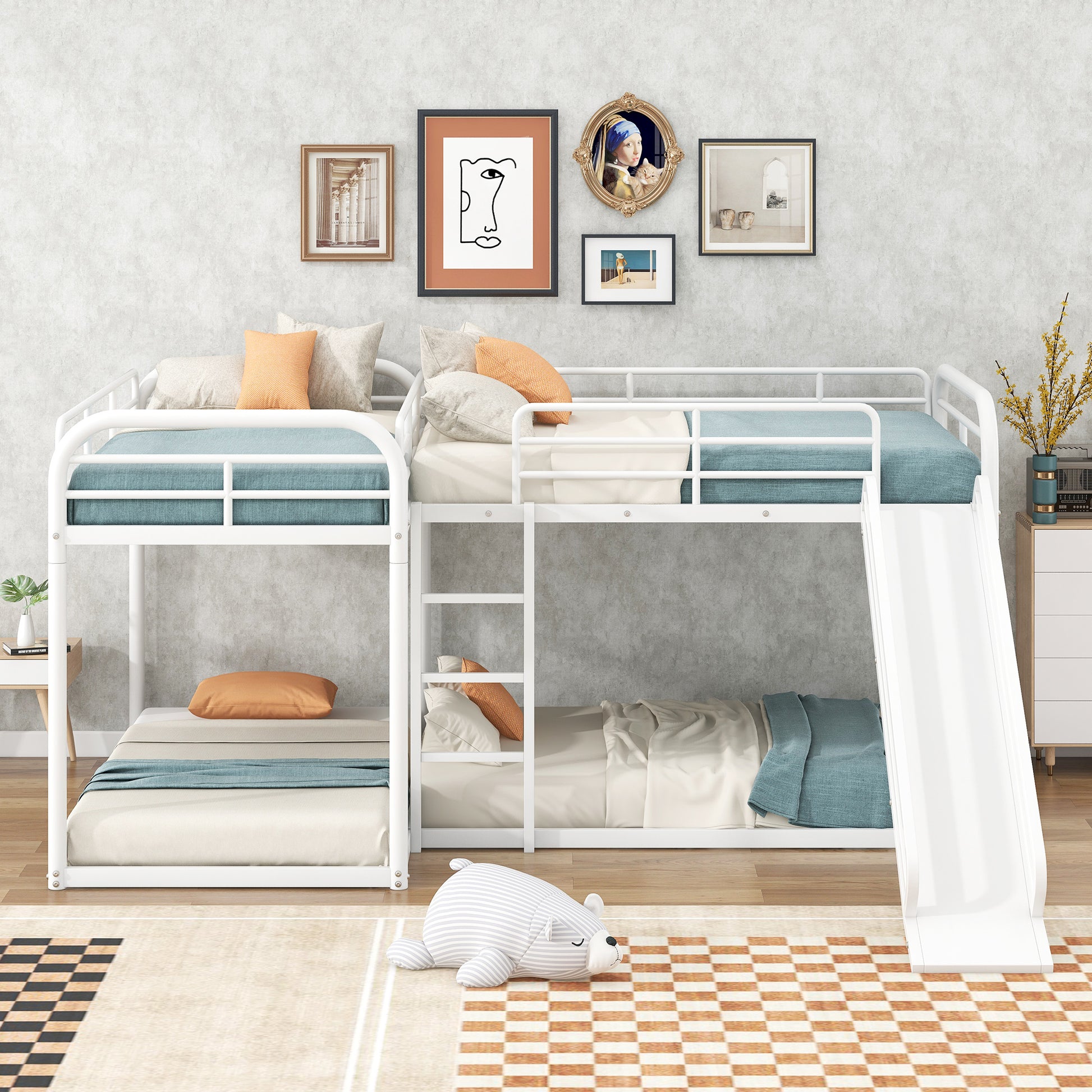 White metal bunk bed with slide for kids