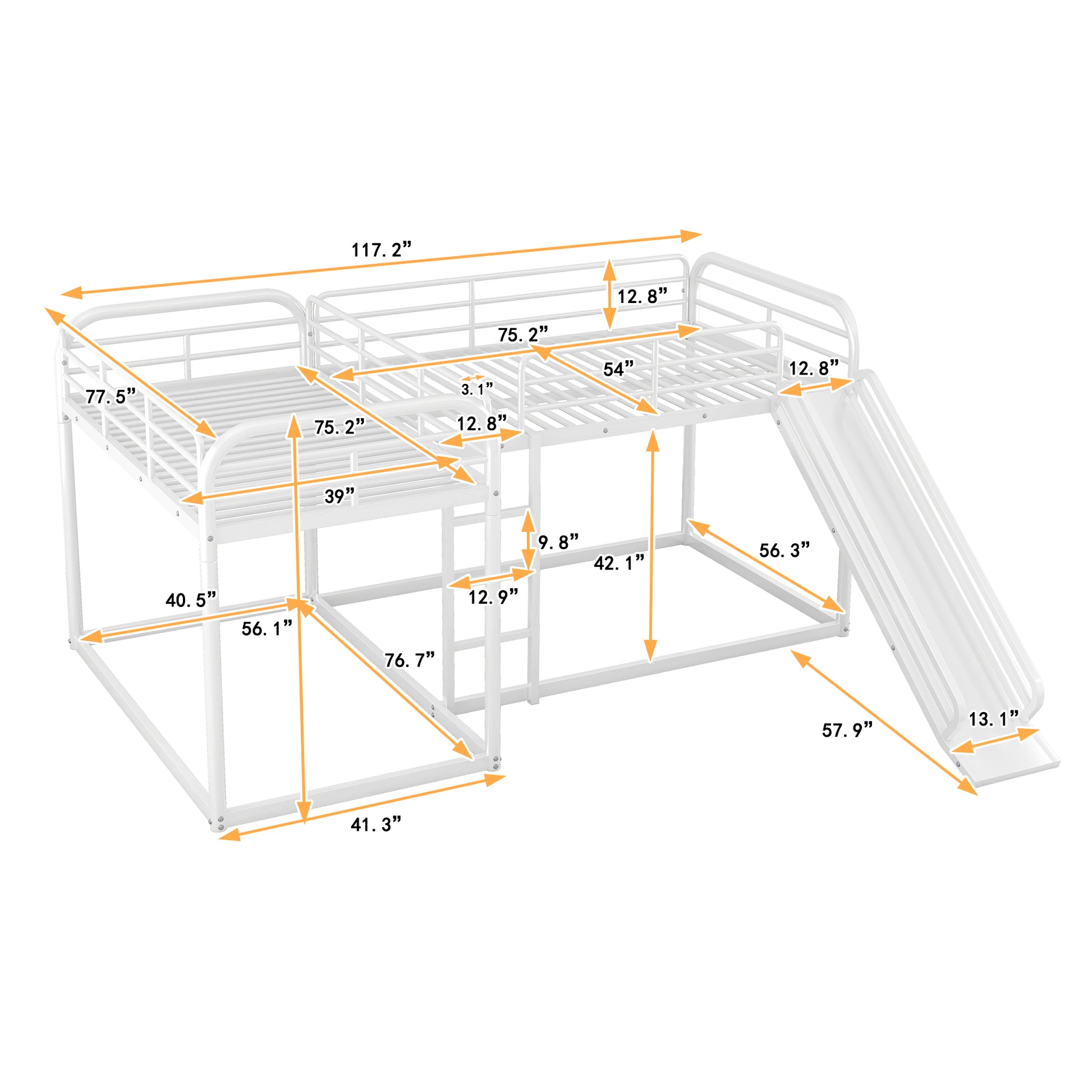White metal bunk bed with slide and ladder
