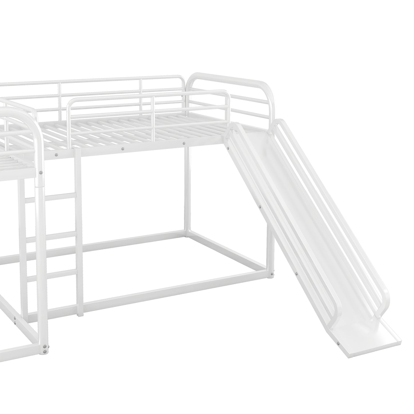 White metal bunk bed with slide and ladder for kids