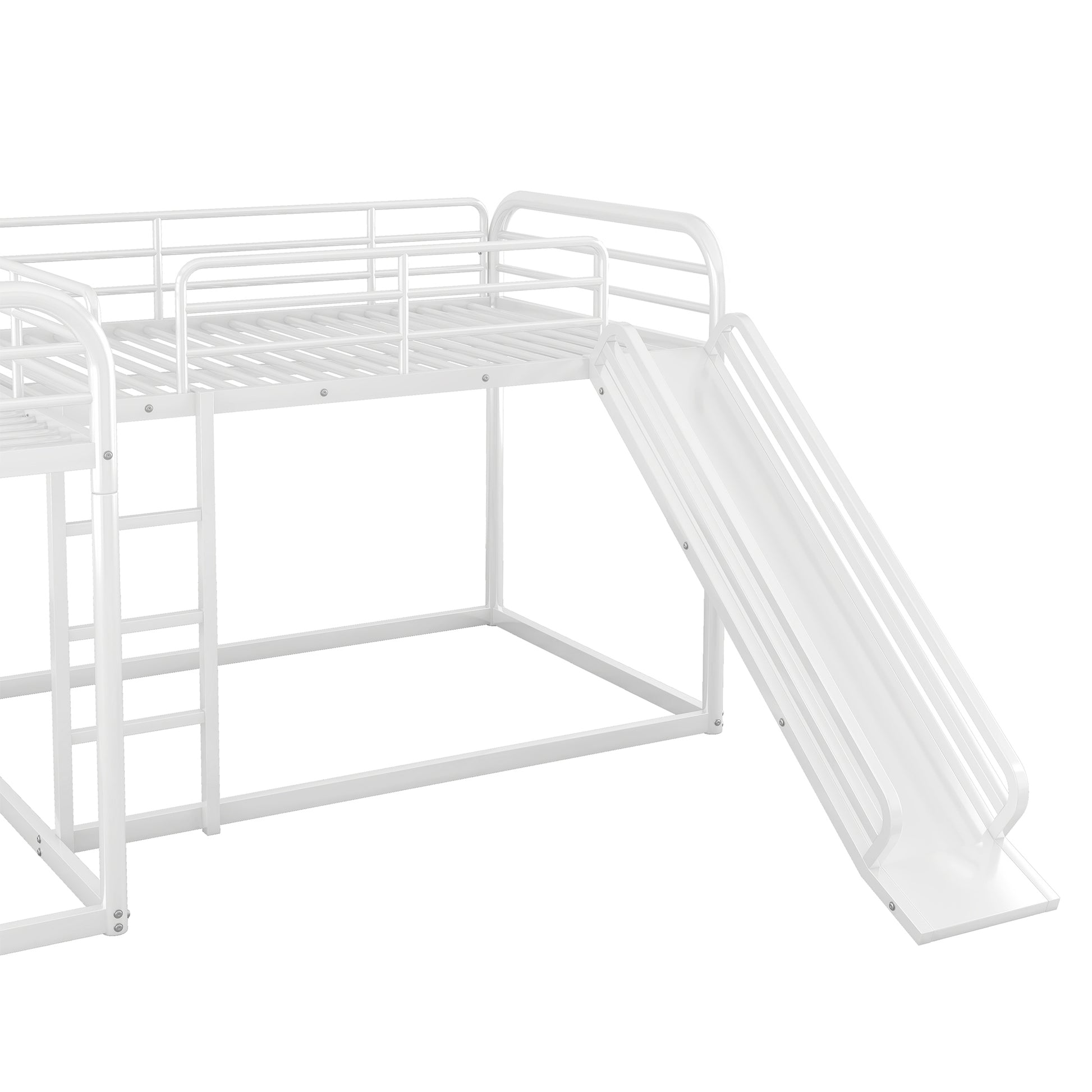 White metal bunk bed with slide and ladder for kids