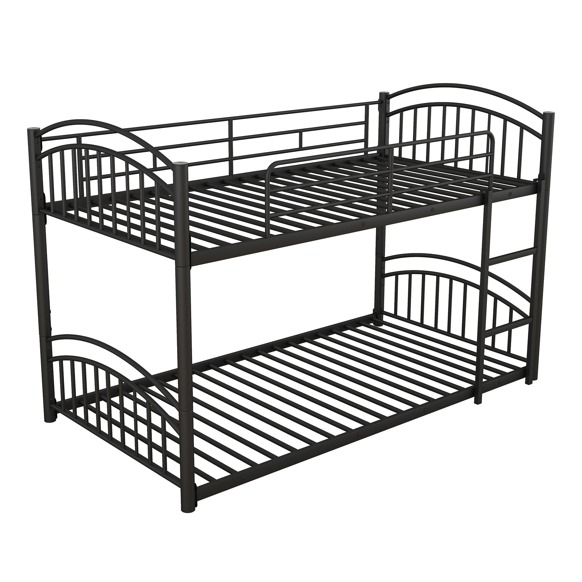 Black metal bunk bed with curved headboards and footboards