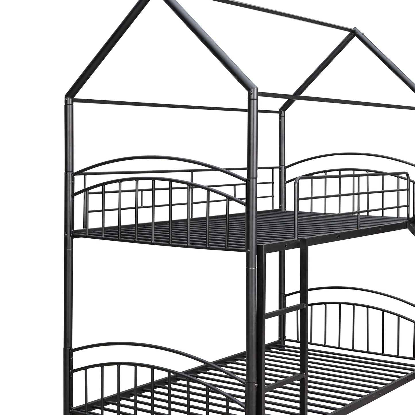 Black metal twin over twin bunk bed with houseshaped frame and slatted mattress supports