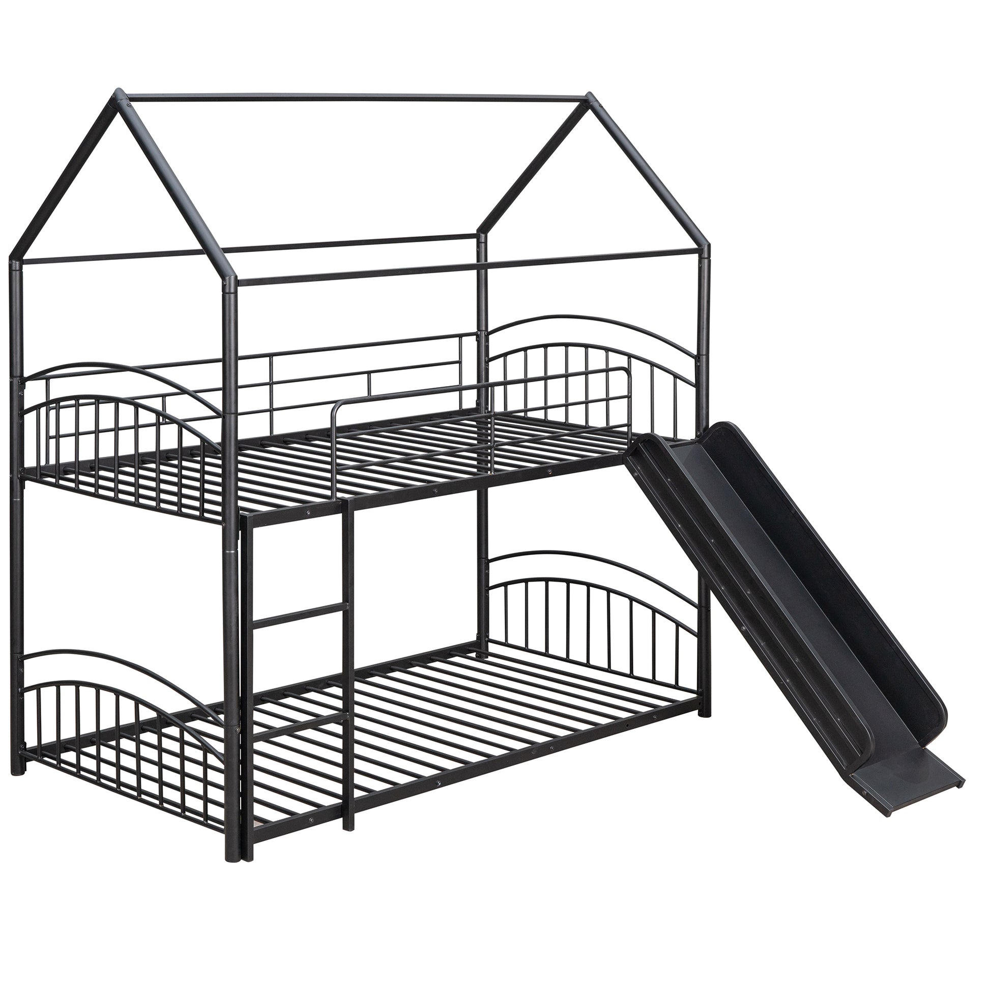 Black metal twin over twin bunk bed with house frame and slide