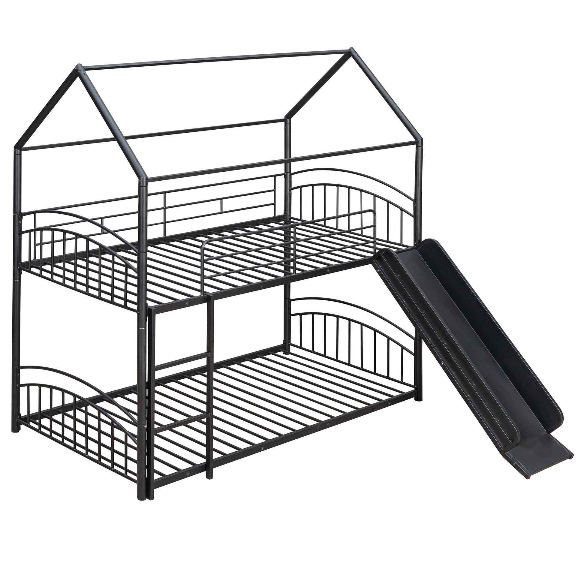 Black metal twin over twin bunk bed with house frame and slide