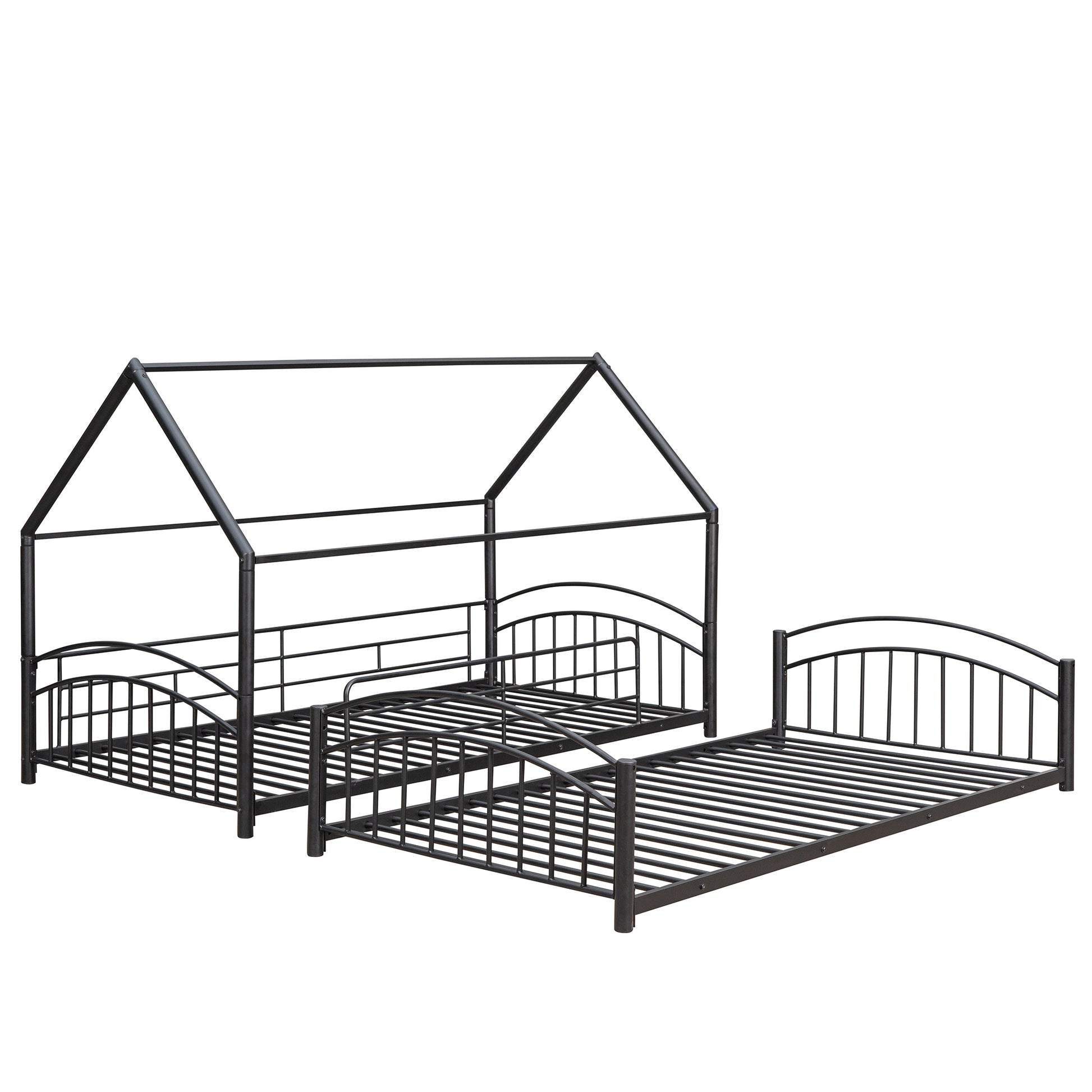 Black metal twin house bed frame with pullout trundle for childrens bedroom