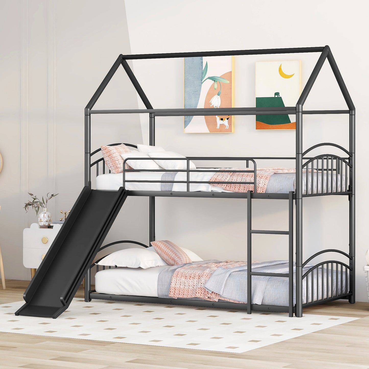 Black metal house frame twin over twin bunk bed with slide