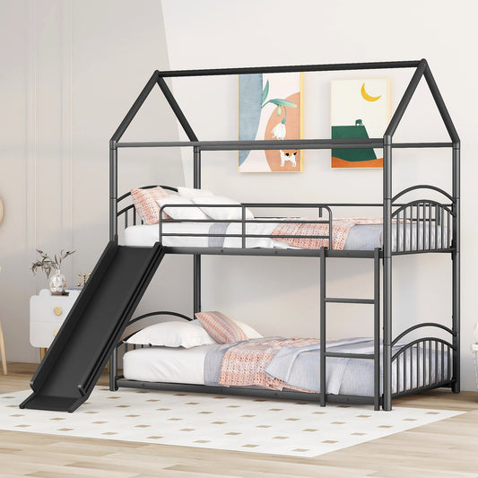 Black metal house frame twin over twin bunk bed with slide