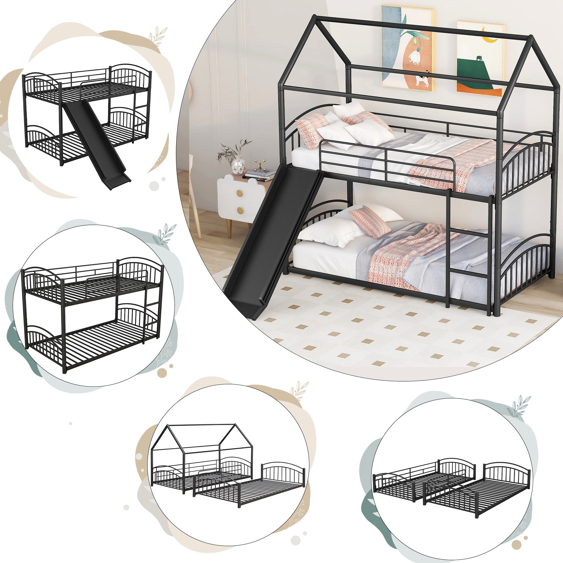 Black metal twin over twin bunk bed with slide