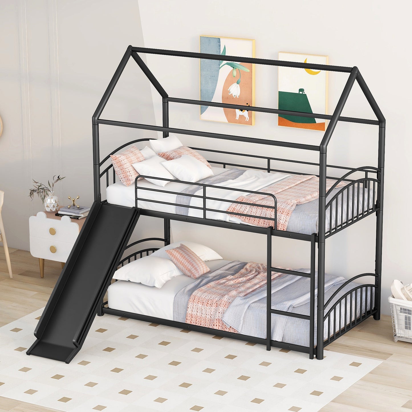 Black metal twin over twin bunk bed with a house frame and integrated slide