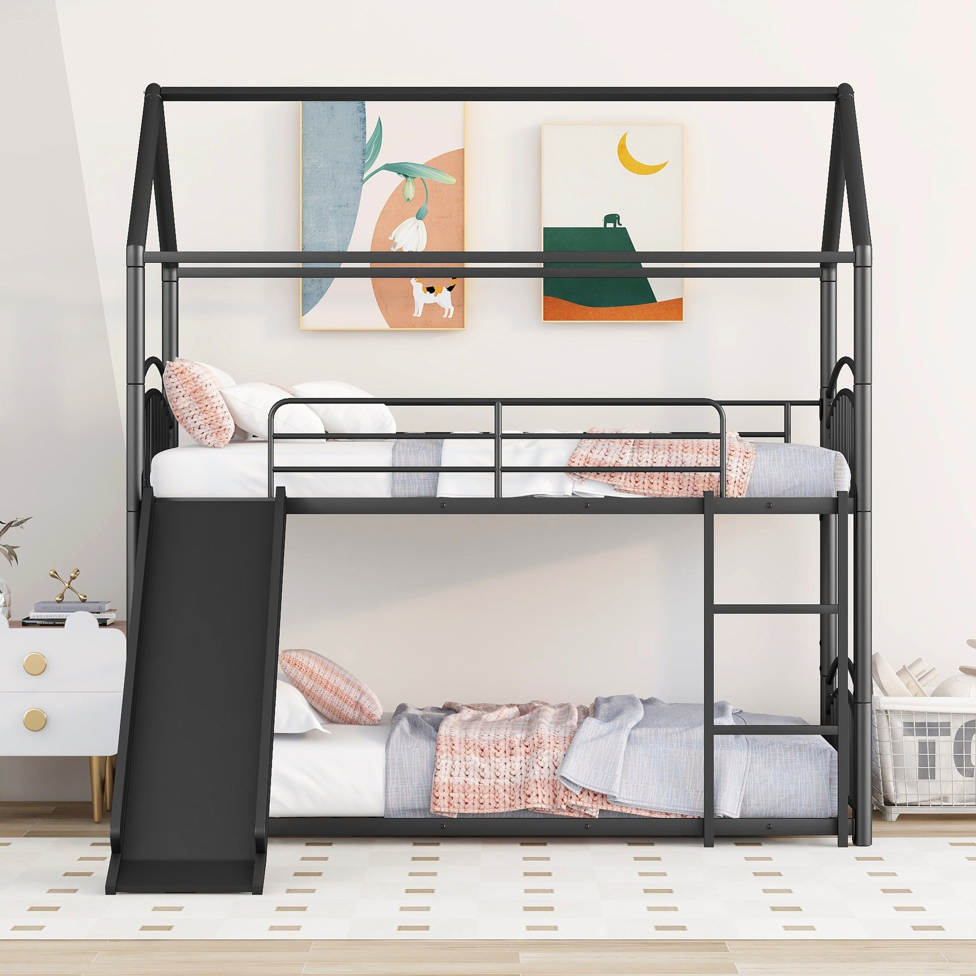Black metal bunk bed with slide and houseshaped frame