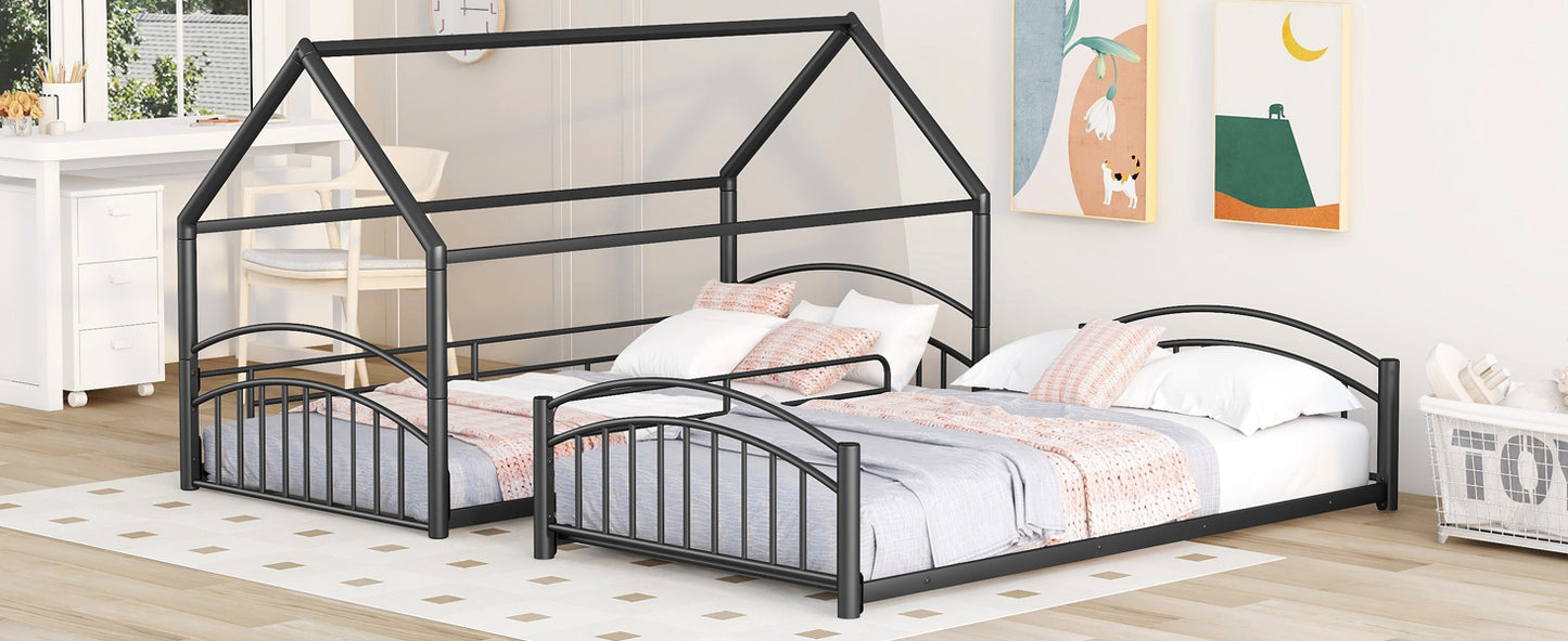 Black metal house frame bed with twin mattress