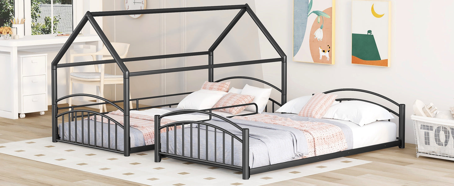 Black metal house frame bed with twin mattress