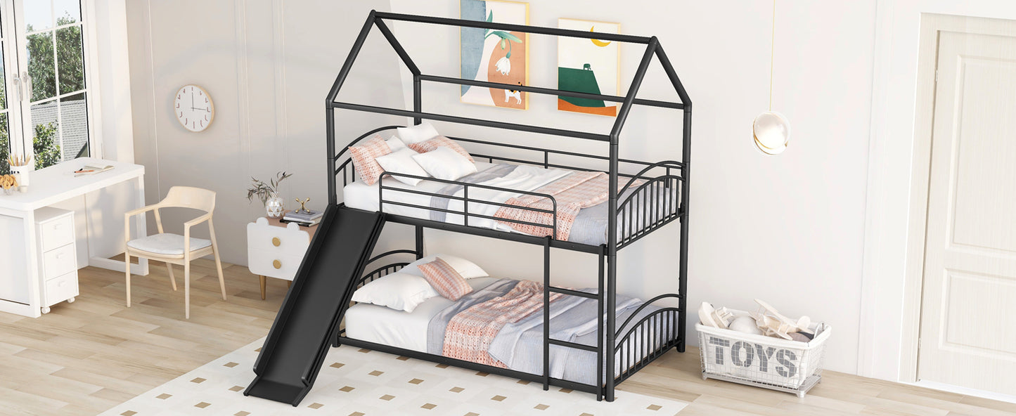 Black metal house frame bunk bed with slide for kids