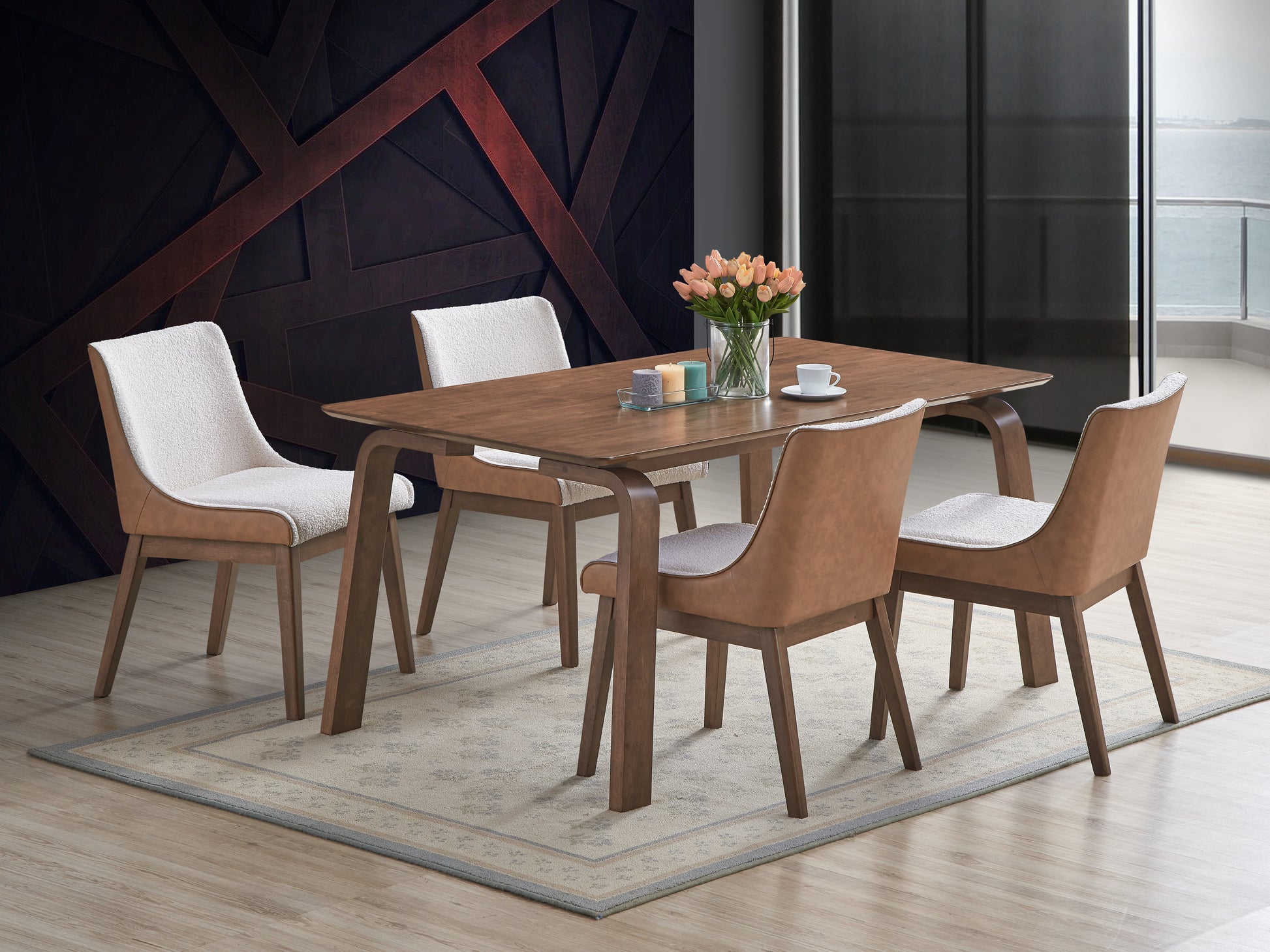 Brown wooden dining table with upholstered chairs