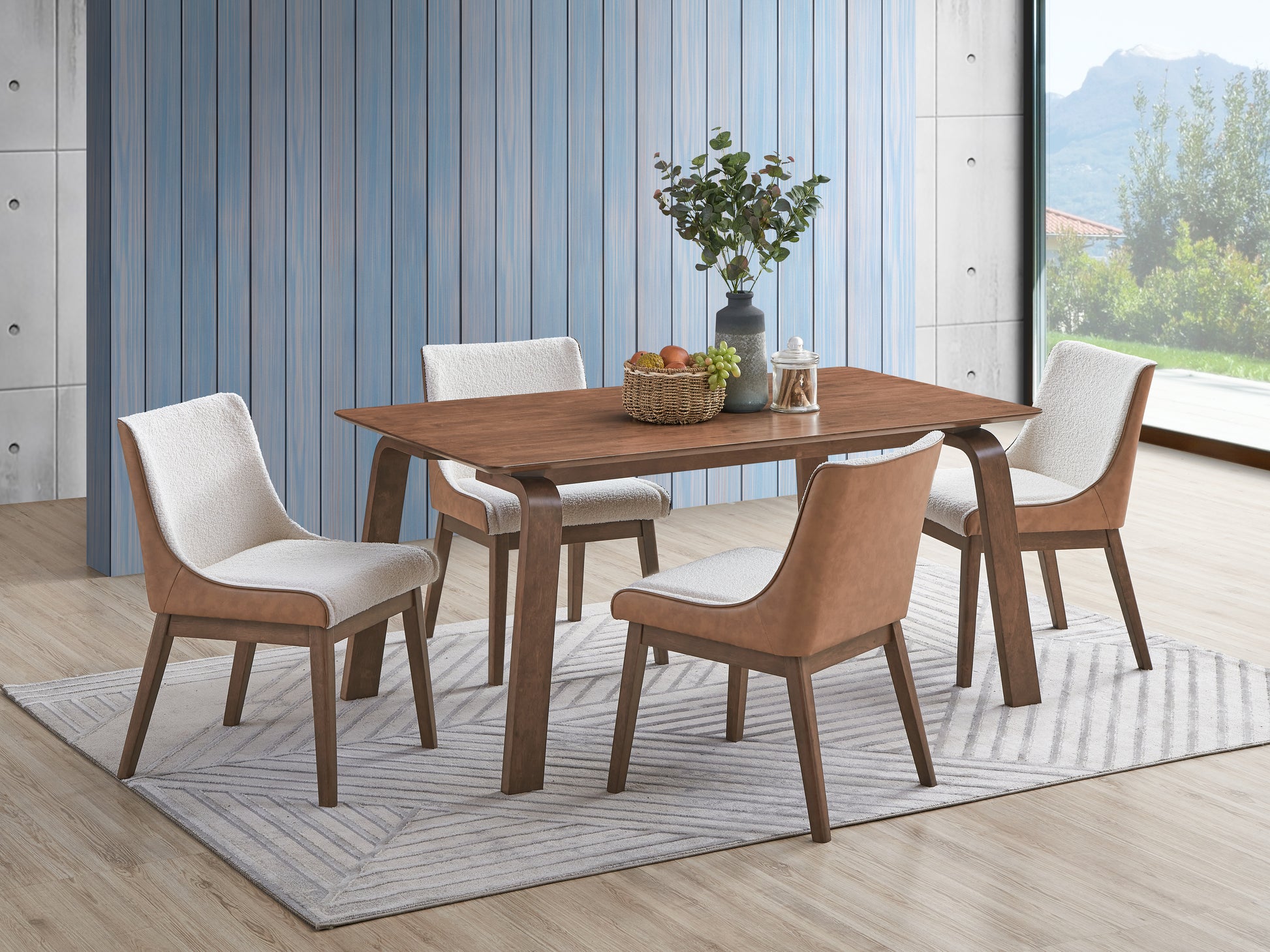 Modern walnut dining table with four chairs