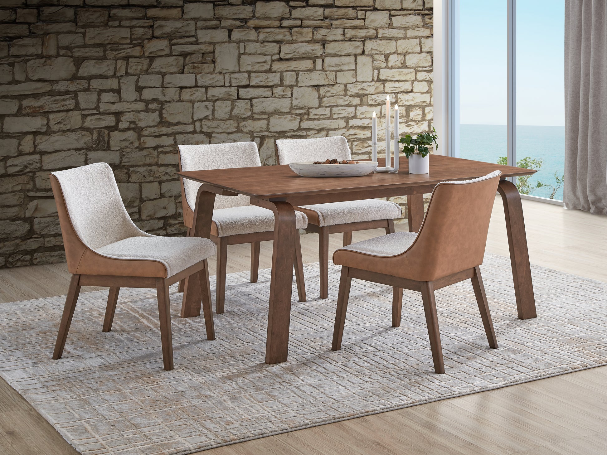 Modern dining chair with tan faux leather and cream boucle upholstery