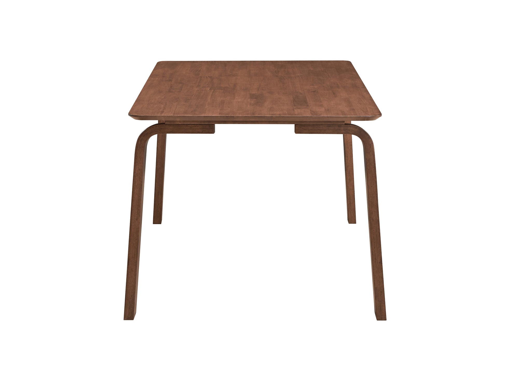 Modern wooden dining table with curved legs and natural wood grain finish